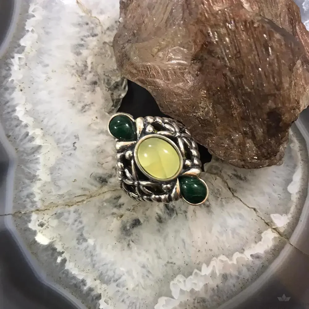 Carolyn Pollack Sterling Oval Moonstone Doublet w/2 Malachite Ring Size 8.5